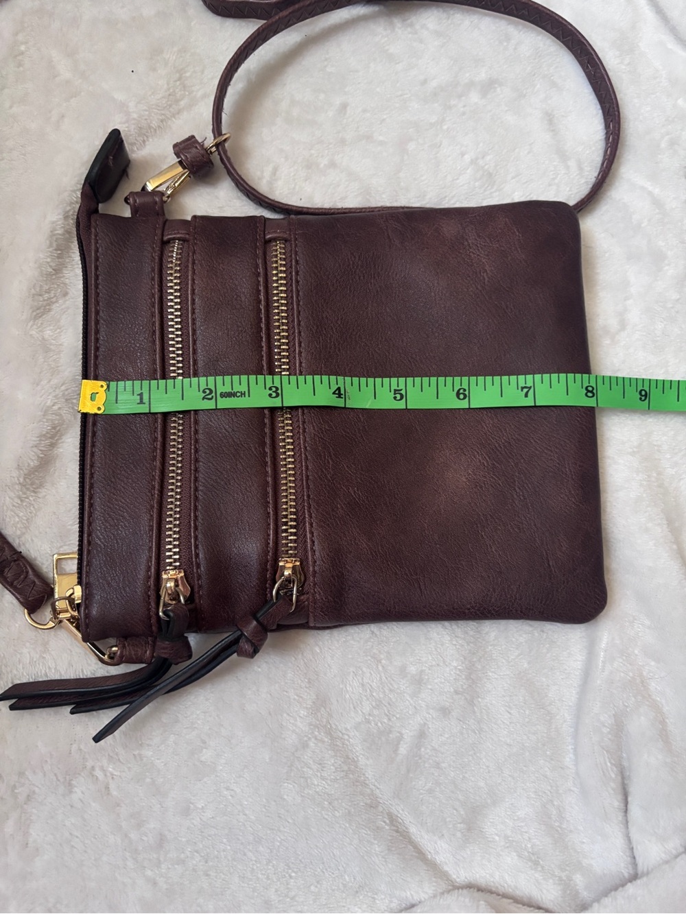 Brown Faux Leather Crossbody Bag Multi Zip Boho Everyday Purse - Picture 5 of 5